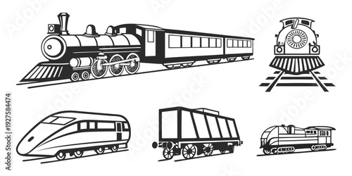 A diverse collection of trains from different eras and designs showcasing their unique features. Vector