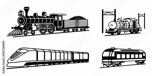 A diverse collection of trains showcasing various types and designs from different eras. Vector