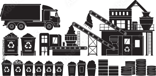 Recycling factory and waste management industrial icons set