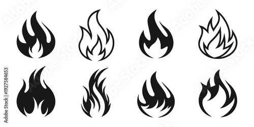 Eight distinct flame designs showcasing various artistic interpretations of fire Vector