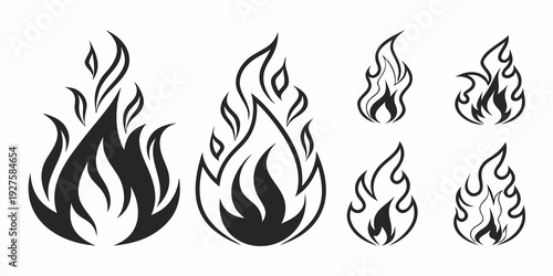 A collection of various flame and fire illustrations in a black and white design. Vector
