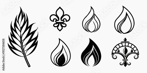 A collection of six distinct symbols featuring a leaf, a fleur-de-lis, and four teardrop shapes. Vector