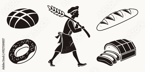 A woman walking with various types of bread and pastries around her Vector