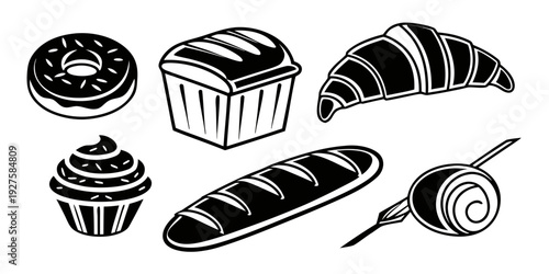 Assorted pastries and a croissant with a knife and fork Vector