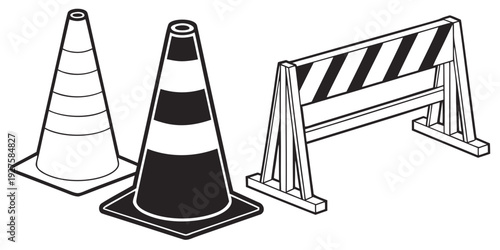 Construction warning signs and barriers on the side of a road Vector
