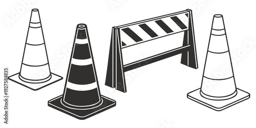 Construction site with traffic cones and barriers for safety and regulation Vector