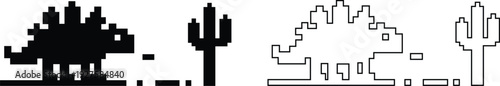 Dinosaur pixel icons set retro game style vector silhouettes and outline illustrations, prehistoric animals, desert cactus scene, isolated design element collection group