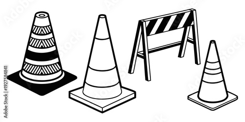 Construction cones and barriers on a roadway with a warning sign Vector