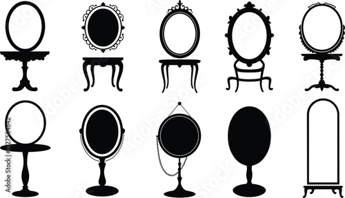 Vintage mirror silhouette set, antique vanity and standing mirror collection isolated on white background, elegant decorative furniture vector illustration design