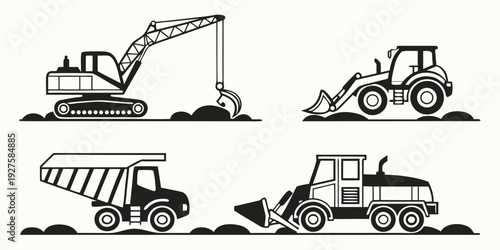 Four different types of construction vehicles in black and white Vector