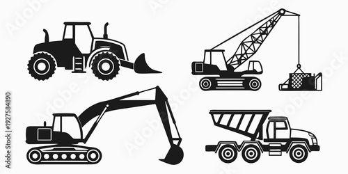 A collection of various construction vehicles and equipment in black and white Vector