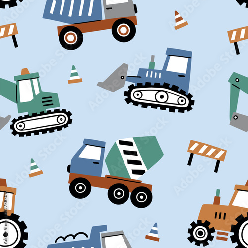 Seamless vector pattern cute construction trucks. Hand drawn design for baby boys with tiny cars. Perfect for textile, wallpaper or nursery print design.