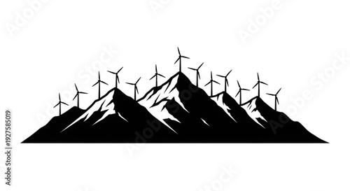 Silhouette of a mountain range with wind turbines generating renewable energy
