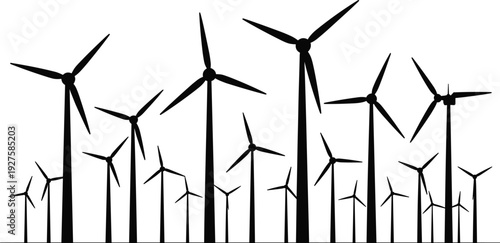 Wind turbine farm silhouette vector illustration, renewable energy landscape with multiple windmills isolated on white background sustainable power concept