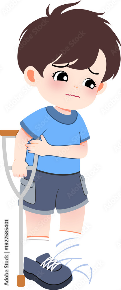 Fototapeta premium A young boy with a wounded leg stands on crutches, experiencing pain and discomfort, viewed from the front, in a simple graphic illustration style