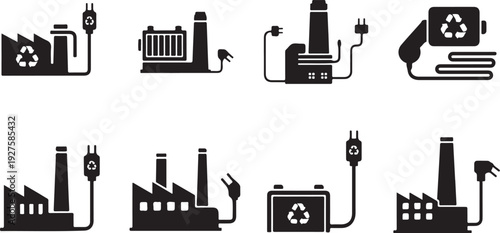 Eco friendly industrial factory recycling symbols and icons set