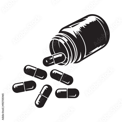 A black and white illustration depicts a bottle tipping spilling several black capsules onto a white surface