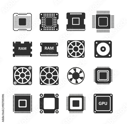 pc hardware silhouette icon collection, cpu chip ram memory gpu card and cooling fan minimal vector illustration.