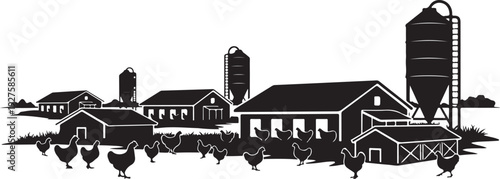 Farm scene with buildings and animals in black silhouette