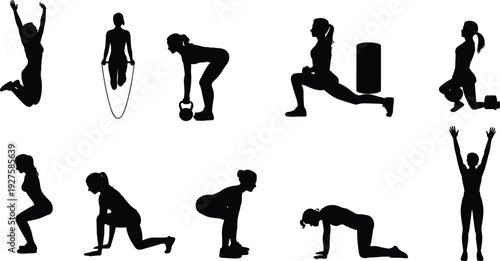 Woman fitness workout silhouettes set, jumping rope kettlebell lunge exercises black vector illustration isolated on white background