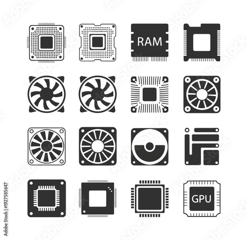 collection of stylized computer hardware icons, cpu ram gpu and cooling fan components silhouette vector set.