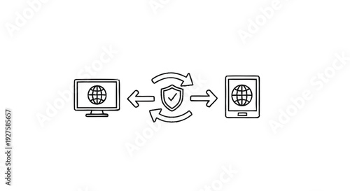 Computer and Mobile Device Secure Data Transfer with Shield Icon.