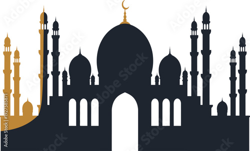 Mosque silhouette with minarets and domes