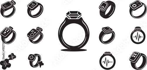 Collection of various ring and watch icons in black