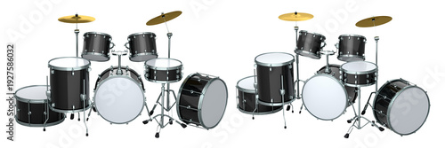 Set of realistic drums with metal cymbals or drumset on white background