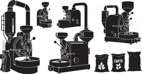 Coffee Roasters and Beans Illustration Set in Black White
