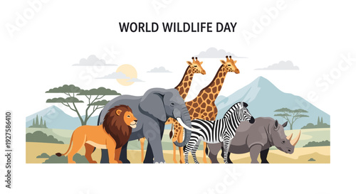 Illustration of various endangered animals including an elephant, giraffes, zebra, lion, and rhino standing together in a savannah landscape for World Wildlife Day with a nature-inspired