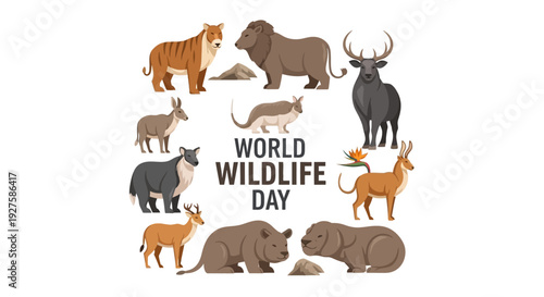 World Wildlife Day illustration featuring various endangered animals like elephants, giraffes, and rhinos on a clean white background with a conservation theme.