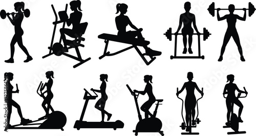Women gym workout silhouettes set, female fitness training on machines and weightlifting black vector illustration isolated on white background