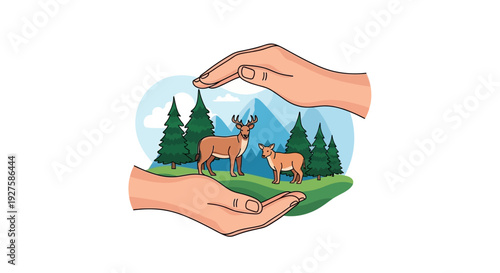A graphic illustration of two hands cradling a scenic landscape with deer, trees, and mountains, symbolizing conservation and wildlife protection.