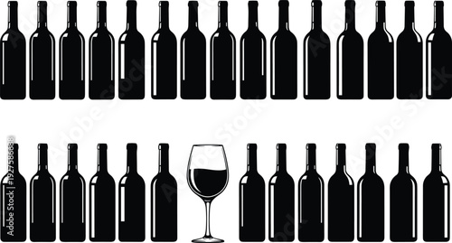 Wine bottle silhouettes collection with glass isolated on white background beverage alcohol packaging vector illustration set for bar restaurant designWeb