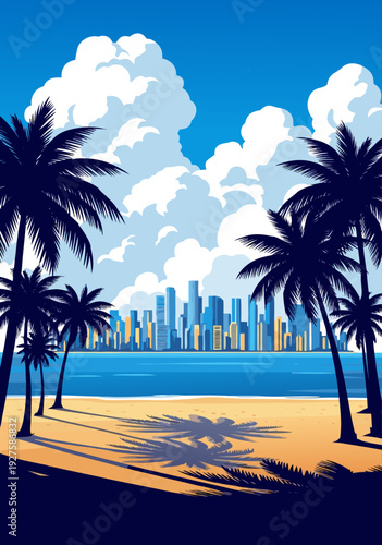 Stylized Vector Beach Illustration with City Skyline, Palm Trees, and Ocean – Tropical Tropical Scene
