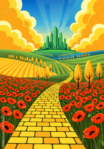 Whimsical vector illustration of a winding yellow brick road through emerald hills toward a distant fantasy castle