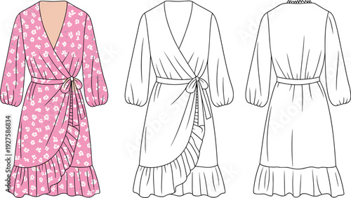 Women floral wrap dress fashion technical sketch set, summer apparel design with ruffles and long sleeves