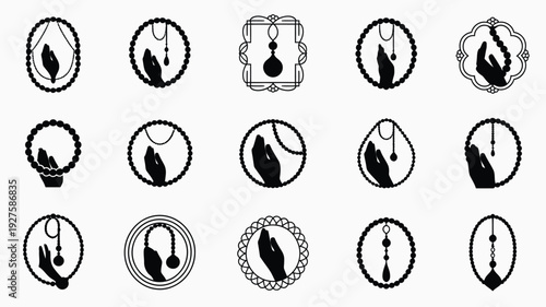 Collection of premium prayer icons and symbols in black and white religious and spiritual graphics