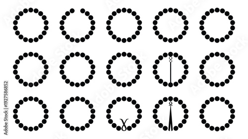 Vector design of 12 identical circular patterns with small dots and three unique designs featuring scissors shears and a utility knife on a white background for graphic design and crafting