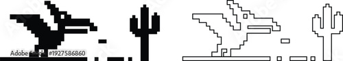 Dinosaur pixel icons set retro game style vector silhouettes and outline illustrations, prehistoric animals, desert cactus scene, isolated design element collection group