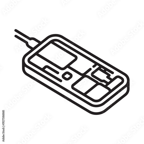 Simple black and white line drawing depicting a remote control with several buttons and an infrared emitter