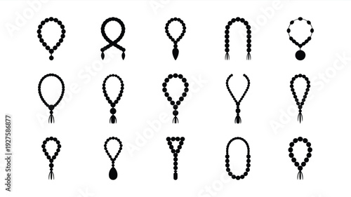Set of black vector necklace icons with various shapes and tassels on white background for design and decoration
