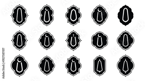 Black and white vector illustration showcasing 16 unique teardrop shaped icons with floral borders on a plain white background for design and decoration purposes