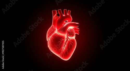 Glowing Red Human Heart Anatomical Illustration Isolated on Black Background.