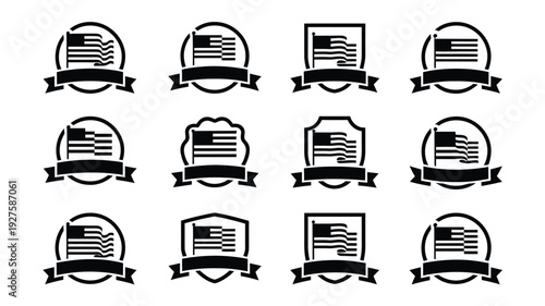 American flag badges with ribbons vector design set patriotic symbols black icons on white background for decoration and branding