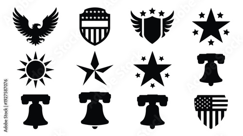 Patriotic american independence day symbols and icons set black silhouettes on white background