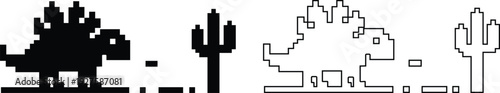 Dinosaur pixel icons set retro game style vector silhouettes and outline illustrations, prehistoric animals, desert cactus scene, isolated design element collection group