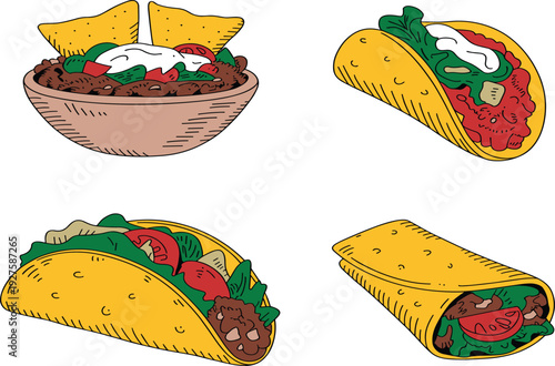 Delicious Mexican food set, traditional beef tacos, burrito, and nachos bowl with cream for restaurant menu