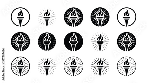 Collection of minimalist torch icons in black and white symbolizing guidance and inspiration